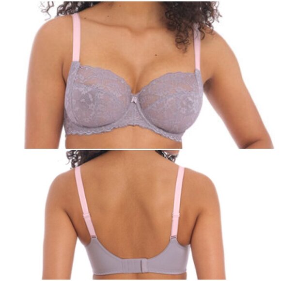 NWT- 34l- Freya Offbeat Side Support Bra in Mineral Grey - Purple/Pink lace - Picture 2 of 10